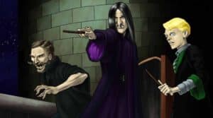 Ilustração de Harry Potter e o Enígma do Príncipe mostra Snape, Draco e Greyback na torre de Voldemort.