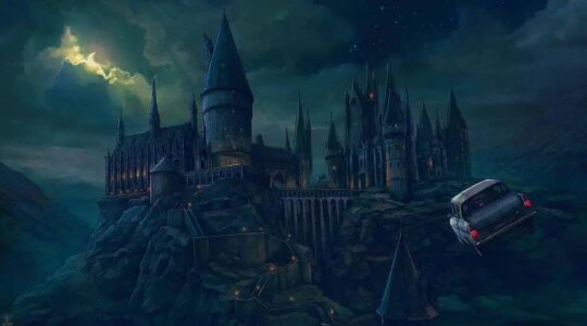 Ilustração de carro voador dos Weasley chegando ao castelo de Hogwarts