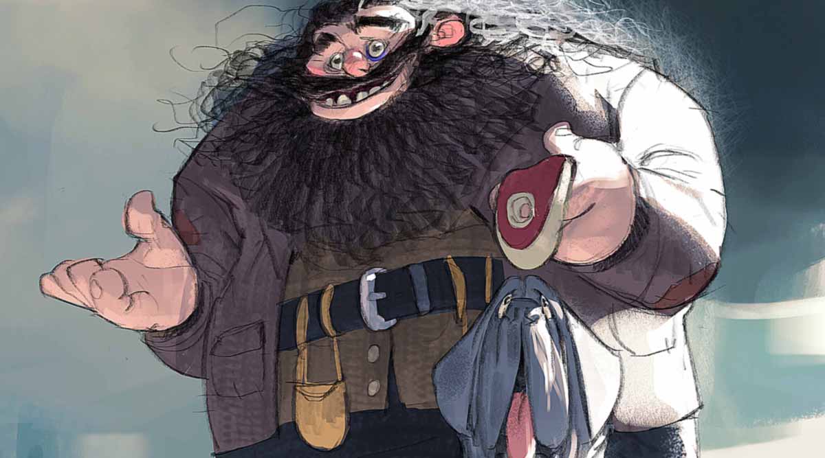 Hagrid, professor de trato de criaturas mágicas, e seu cão, Canino