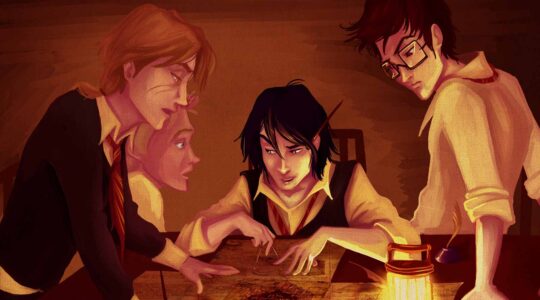 Os Marotos criando o Mapa do Maroto, em Harry Potter.